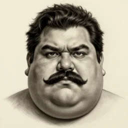 face portrait a big beefy man with a large face, thick dark hair, a bushy black moustache, with hardly any neck and mean little eyes, highly detailed, digital art, sharp focus, trending on art station, charcoal drawing