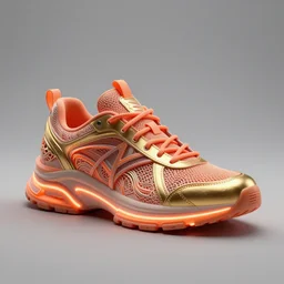 realistic 8 k sculpture of one futuristic sneaker with neon illuminated rubber soles and soft orange laces on a grey surface, clean 3 d render, beautiful studio lighting, soft, sharp focus, cyberpunk, intricate detail, gold and red filigree, soft rubber, octane render, trending on artstation, deviantart, art by iris van herpen and syd mead and mullins