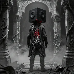 back view of man standing inside ancient rotting template, haze, vines, exposed spinal column, black biomechanical cube helmet, grain, iris van herpen, beksinksi, ultra detailed background, ornate, black and white, red light