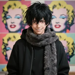 rimuru tempest smiling, tensei shitara slime datta ken, highly detailed, professional digital painting, concept art, extreme illustration, unreal engine 5, photorealism, hd quality, 8 k, black hoodie, fur scarf, cinematic, art by andy warhol, yoshitaka amano