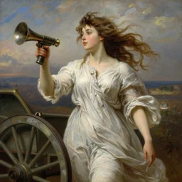 A woman holding a bec de corbin and a wagon wheel, loose dress, flowing hair, windy, highly detailed, soft lighting, fantasy concept oil painting by Eugène Delacroix