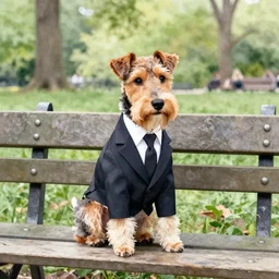 a carin terrier wearing a suit, sitting on a park bench in central park, watercolor
