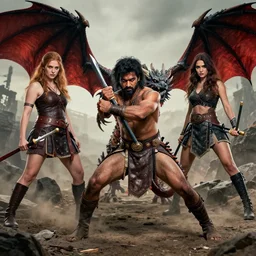 indian man as a dragon getting stabbed by a female viking