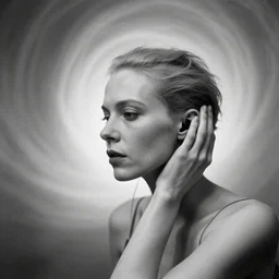 award winning photo of some nostalgia as cindy sherman would depict it, she is 2 3, skinny and beautiful and listens to oathbreaker, she is deaf but lives out of time, black and white, the background has an immense gravitational pull, insanely detailed, closeup, foggy like in norwegian black metal aesthetic
