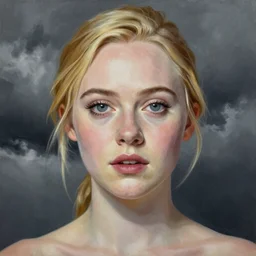 professional painting of Elle Fanning in the style of Sophie Anderson, head and shoulders portrait, symmetrical facial features, smooth, sharp focus, illustration, intricate, stormy weather, extremely detailed masterpiece,