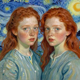 twin sisters with red hair and freckles, painting by van gogh, high quality