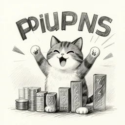a cat celebrating a huge profit on the stock market, pencil sketch