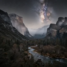 a beautiful double exposure of an award winning night time landscape photo of a valley with a river and towering mountains, and an astronomy photo of the day of a nebula, misty, forests, night shadows, muted colours, cool tones, neutral colours
