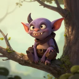 friendly scamp goblin adventurer with pointy teeth and big bat ears perched on tree branch, artstation