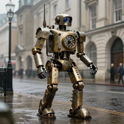 A clockwork military robot patrolling the streets of London, 1890, intricate mechanical statue, rain, steampunk digital art by Artgerm, by Greg Rutkowski