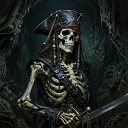 photo of a skeletal waterlogged ghostly pirate head and torso, holding a sword and standing in a grotto, photorealistic, dark, lovecraft, paul carrick, atmospheric lighting, painted, intricate, ultra detailed, well composed, best on artstation, cgsociety, epic, stunning, gorgeous, intricate detail, wow, masterpiece