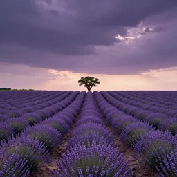 beautiful lavender field, clean lines leading away from viewer,! single tree! on horizon in center, desaturated colors, ultra wide angle, 2 - point perspective, sunset, dramatic sky, by charlie waite