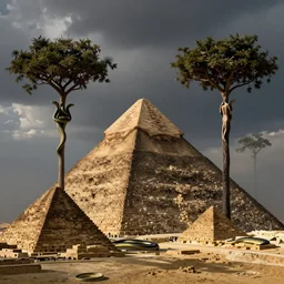 snakes, pyramids, geometric shapes, humanoid figures, trees transforming into each other