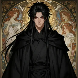 handsome japanese demon boy, young adult mazoku man with long wild spiky black hair, vantablack cloak, ultra - black cloak, cloak is 0 0 0 0 0 0 black, red eyes, ultra realistic, intricate details, eerie, highly detailed, photorealistic, octane render, 8 k, art by artgerm, greg rutkowski, charlie bowater, magali villeneuve, alphonse mucha