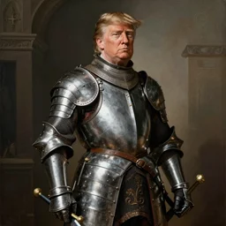 donald trump wearing medieval armor holding a sword, renaissance painting