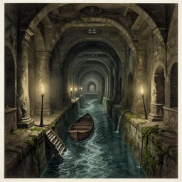 inside the ancient flooded sewers in the old part of the city. fantasy art, layers of architecture, adventure, wet, standing water, channel, canal, boat, lamp, running water, stream, channel, musty, moss, sewage, dark, underground, abandoned spaces, torch - lit. engraving by piranesi.