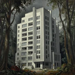 a painting of a building in the middle of a forest, a detailed matte painting, brutalism, dystopian art, rough, straight lines, greeble, oil paint, insanely detailed and intricate, hypermaximalist, elegant, ornate, hyper realistic by eugene von guerard, zdzislaw beksinski, arnold bocklin, peter gric, francisco goya, caravaggio