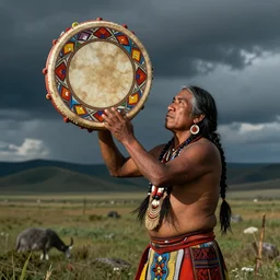 an indigenous shaman calling spirits with a beautiful decorated shamanic drum, beautiful colors, matte painting, by christophe vacher