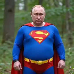 a 3 5 mm photo of obese vladimir putin wearing superman costume, in woods, movie still, bokeh, canon 5 0 mm, cinematic lighting, dramatic, film, photography, depth of field, award - winning, backlighting, overcast, 8 k, hyper detailed, 3 5 mm film grain