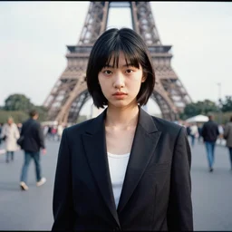 ektachrome, 3 5 mm, highly detailed : incredibly realistic, beautiful portrait photo in style of 1 9 9 0 s frontiers in flight suit cosplay paris street photography, youthful asian demure, perfect features, cool haircut, athletic agency model, vogue fashion edition