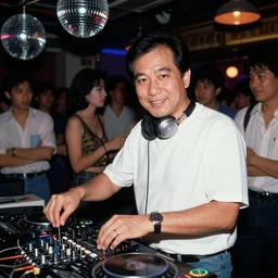 high detailed photo of pm prayut janocha works as dj in 8 0 s disco club. they look at the camera and smile. in crowded pub. hyper detail. flash from the camera. kodak etkar 1 0 0