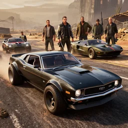 3 5 mm low angle photo mad max combat military machine gun concept car black 1 9 7 3 ford falcon gt hot rod on a deserted post apocalyptic road, gta 5, hyper detailed, rocket league, smooth, high contrast, volumetric lighting, octane, jim lee, giorgetto giugiaro, craig mullins, chris bangle, george miller, ian callum, vibrant rich deep color, comic book
