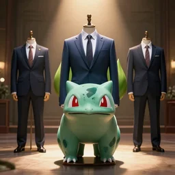 4 k photography, full view, bulbasaur inspired men's suit, put on a mannequin, wide shot, epic, cinematic lighting, beautiful composition, cinematic