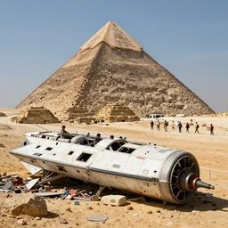 spaceship wreckage in front of the great pyramid by martin deschambault, dean ellis, peter elson, chris foss, josan gonzalez, david a hardy, john harris, wadim kashin, angus mckie, bruce pennington, retro 1 9 6 0 s sci - fi art