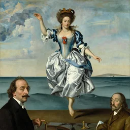 Marie Antoinette levitating over the sea. by El Greco, Remedios Varo, Salvador Dali, Carl Gustav Carus, John Atkinson Grimshaw. high detail, great lighting, 8k resolution, masterpiece, concept art, illustration