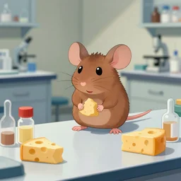 professor mouse in his lab, with cheese vials lying around the tables