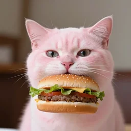 photo of a pink cat, with a hamburger inside of it's mouth