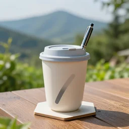 a lid on a pen in a cup on a coaster on a table in a garden on a mountain