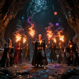 Realistic Photo of Six wizards standing in dark cave and shoot fireballs from their magic staffs at DC comic character Black Adam, dark ancient atmosphere, full of glowing particles floating randomly from ground, dramatic lighting, fluid colorful particles rising from ground, realism of movie with fine details