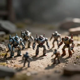 miniature figurines of robot monsters, tilt shift, product photography