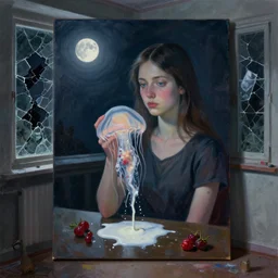a portrait in a dark apartment, moonlight from a window, a female art student holding a jellyfish, milk puddles, berries, broken windows and glass, neo - expressionism, surrealism, acrylic and spray paint and oilstick on canvas