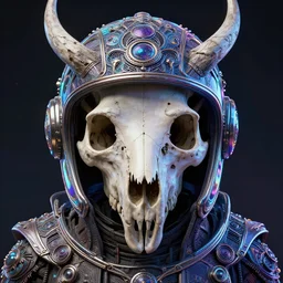 portrait of a fantasycore glitchcore deformed animal skull in a helmet. intricate abstract. intricate artwork. celestial. prismatic, by josephine wall, pixar, ghibli. octane render, CGSociety very coherent symmetrical artwork. cinematic, hyper realism, high detail, octane render, 8k, holographic accents
