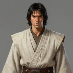 portrait of a man by greg rutkowski, jedi knight, japanese features, short black hair with bangs, tall and muscular, attractive, wearing jedi robes, star wars expanded universe, highly detailed portrait, digital painting, artstation, concept art, smooth, sharp foccus ilustration, artstation hq