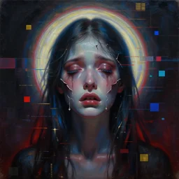 glitchy vhs artifacts, magic halo, broken soul, deep sickness oil paint, surrealist highly detailed at, ethereal, trending on art station, emotional surrealism oil painting, tears, crying, glitching squares, very very very very very beautiful, blue red color scheme, cinematic lighting, black and gold colors