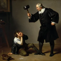 a dramatic oil painting of a tiny man on the floor trembling with fear in the shadow of a massive judge hammer above him, art by franz xaver winterhalter, highly detailed, dramatic lighting, romanticism, rococo, neoclassicism, 1 8 5 0 s style painting, oil on canvas, vivid