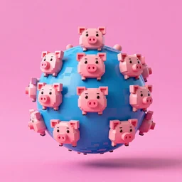a planet made out of pixelated pig faces, neon pink background, 4k resolution