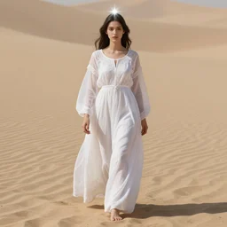 a wonderful symmetrical portrait of goddes with a beautiful face dressed with a long white semi transparent and ornate cotton dress is walking in a sand, digital art, one flash on top, one flash in front of her, artstation, octane render 8 k