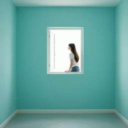 young woman staring out small window in turquoise wall in empty room, 2 0 0 2 digital camera photo, liminal space, low quality, jpeg artifacts, cursed image, found footage, dreamlike, melancholy