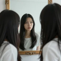 A photo of a person with a soul looking at her reflection in a mirror but the reflection is soulless