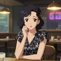 portrait of beautiful girl with dark hair dressed in 1920's style, sitting in cafe alone, nighttime, low-key neon lighting, 4k, HQ, official media, anime key visual, makoto shinkai, ilya kuvshinov, lois van baarle, rossdraws, detailed, trending on artstation