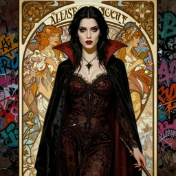 majestic beautiful gothic vampire girl movie poster, art style by sachin teng, artgerm, alphonse mucha, graffiti street art, iconic, masterpiece, organic painting, hard edges, ornate and hyper detailed