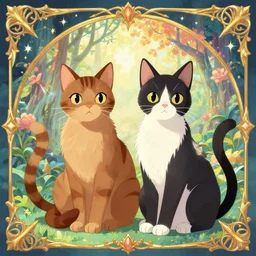 two cats, one brown tan domino one black white markings, pointy ears, fanart ornate fantasy ori and the blind forest cover style official behance hd artstation by jesper ejsing, by rhads, makoto shinkai and lois van baarle, ilya kuvshinov, rossdraws pastel vibrant