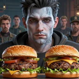 close up i'm of a burger and steak, art by artgerm, wlop, loish, ilya kuvshinov, 8 k realistic, hyperdetailed, beautiful lighting, detailed background, depth of field, symmetrical face, frostbite 3 engine, cryengine