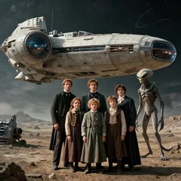 highly detailed, 137438953472k film still from a sci fi blockbuster color movie made in 2019, set in 1860, of a family standing in front of a spaceship that has just landed on an alien planet, a humanoid alien creature stands nearby, the family are all wearing 1860s era clothes, good lighting, good photography, 8k HD, ultra high definition
