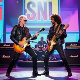 full band photo with eric clapton and tab benoit, epic guitar duel, jim marshall photography, iconic photo, vaporwave light show, snl stage, 8 k, criterion collection
