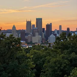 pittsburgh, distant, sunset, trees, looking down, art by sherree valentine daines